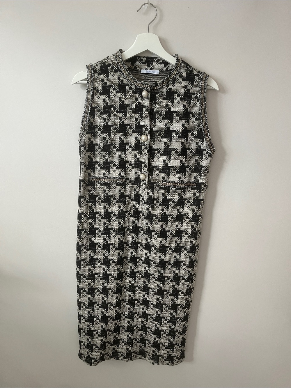 Zara Black & White Houndstooth Pearl-Button Midi Dress